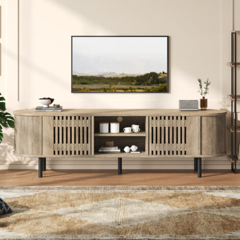 Meuble TV 160x40x47cm en bois naturel,lowboard avec 2 placards,design aéré,support TV pour écrans jusqu'à 65 pouces