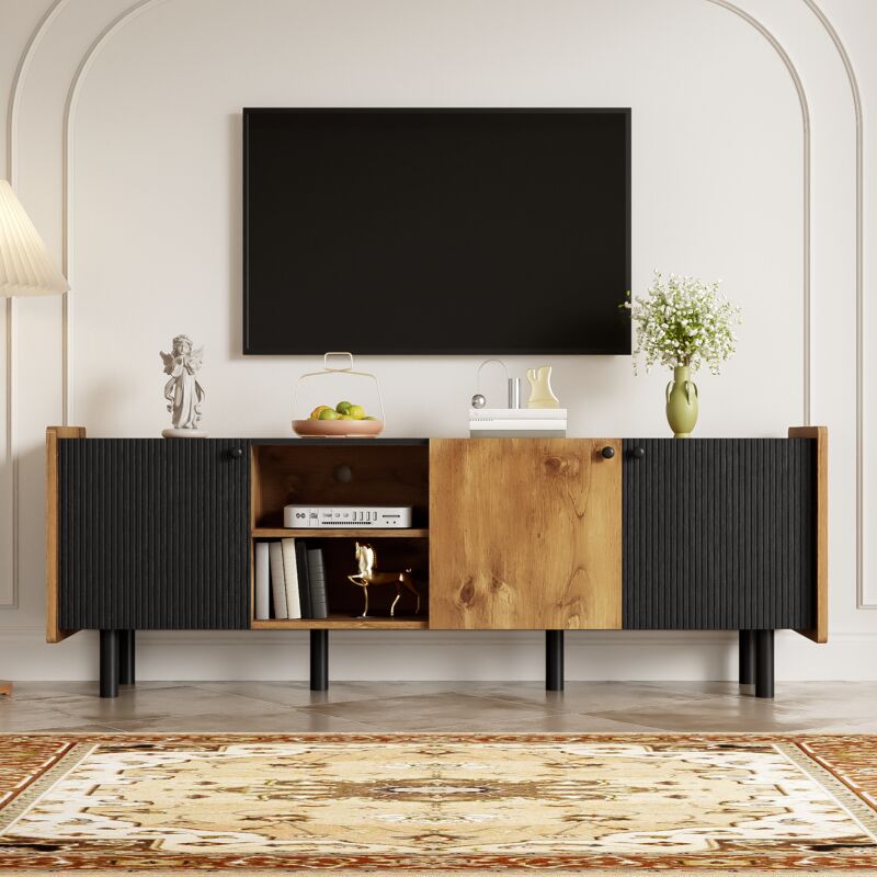 Meuble TV 160x40x58cm, 3 portes, compartiment de rangement ouvert, style moderne, noir + naturel