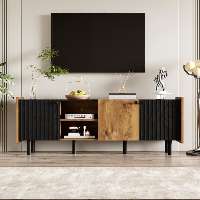 Meuble tv 160x40x58cm - Armoire avec 3 Portes et 2 Compartiments Ouverts - Style Moderne - Noir + Couleur Bois