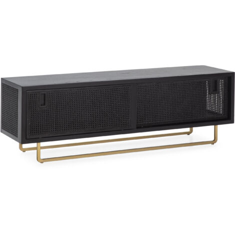 Meuble TV 160x42x52 Bois Noir/Rotin Noir/Métal Doré