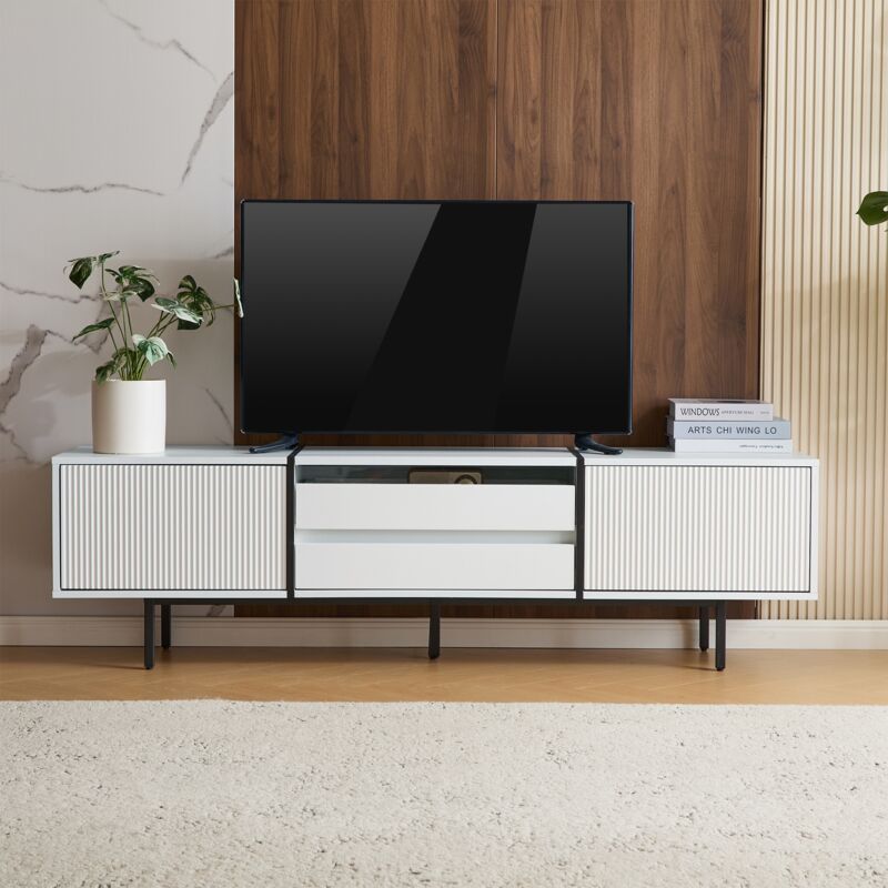 Meuble TV 163 cm avec 2 tiroirs et 2 portes, Rangement, charnières de sécurité, design color block, Meuble TV moderne - Blanc