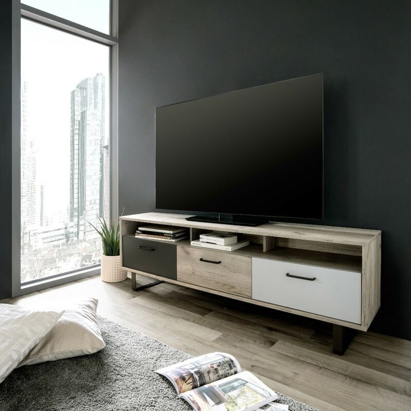 Meuble tv 163 cm avec portes battantes en chêne et gris - Orlando 5
