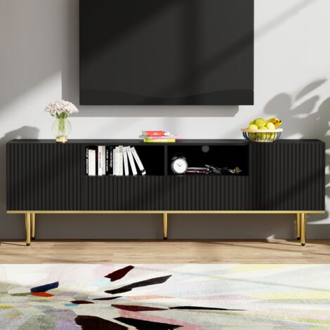 Meuble TV 165 cm, avec 2 compartiments ouverts et 2 tiroirs, pieds et bords dorés, convient pour salon et chambre, 165x36x55 cm - Noir