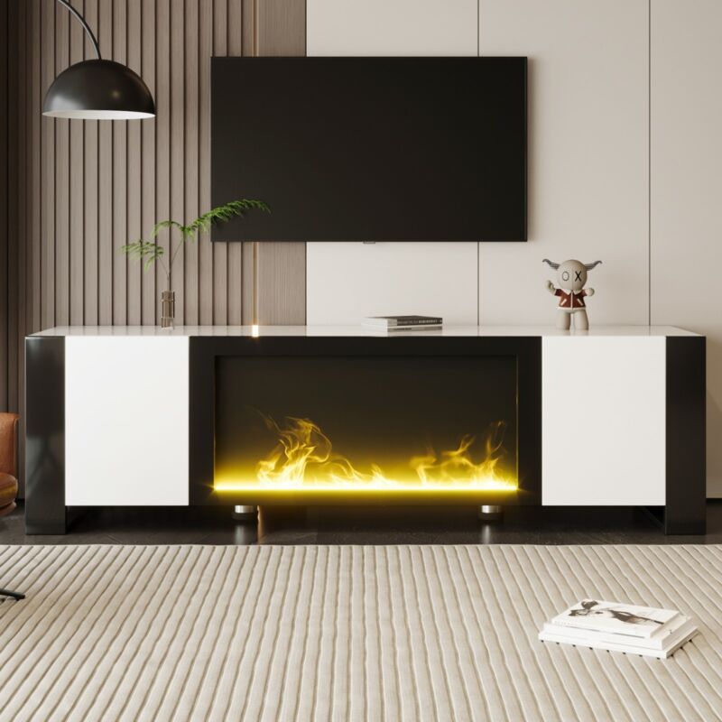 Eifson - Meuble tv 165 cm, avec 2 portes de placard, cheminée électrique effet flamme, sans fonction de chauffage, brillant, meuble tele lowboard