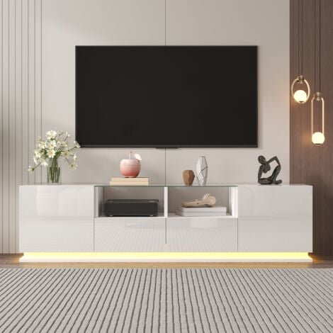 TANANT Meuble TV 165 cm - avec étagère en verre, meuble TV brillant avec 2 tiroirs et 2 portes, éclairage couleur LED, meuble TV de rangement, meuble TV intérieur - Blanc