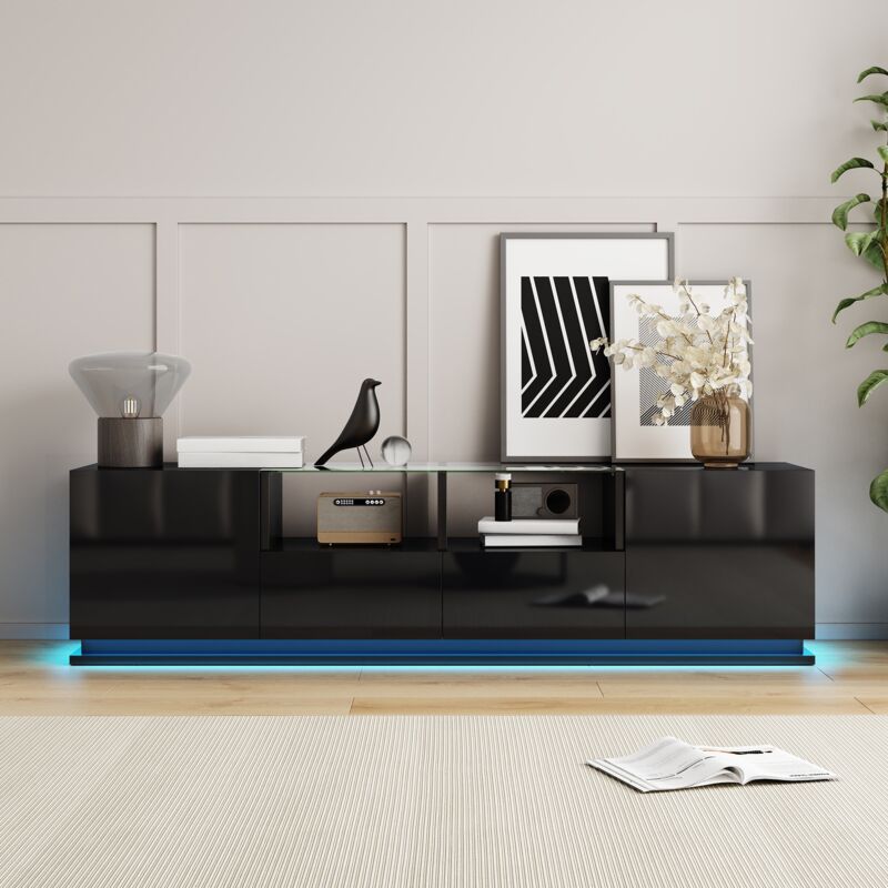 Meuble TV 165 cm - avec étagère en verre, meuble TV brillant avec 2 tiroirs et 2 portes, éclairage couleur LED, meuble TV de rangement, meuble TV