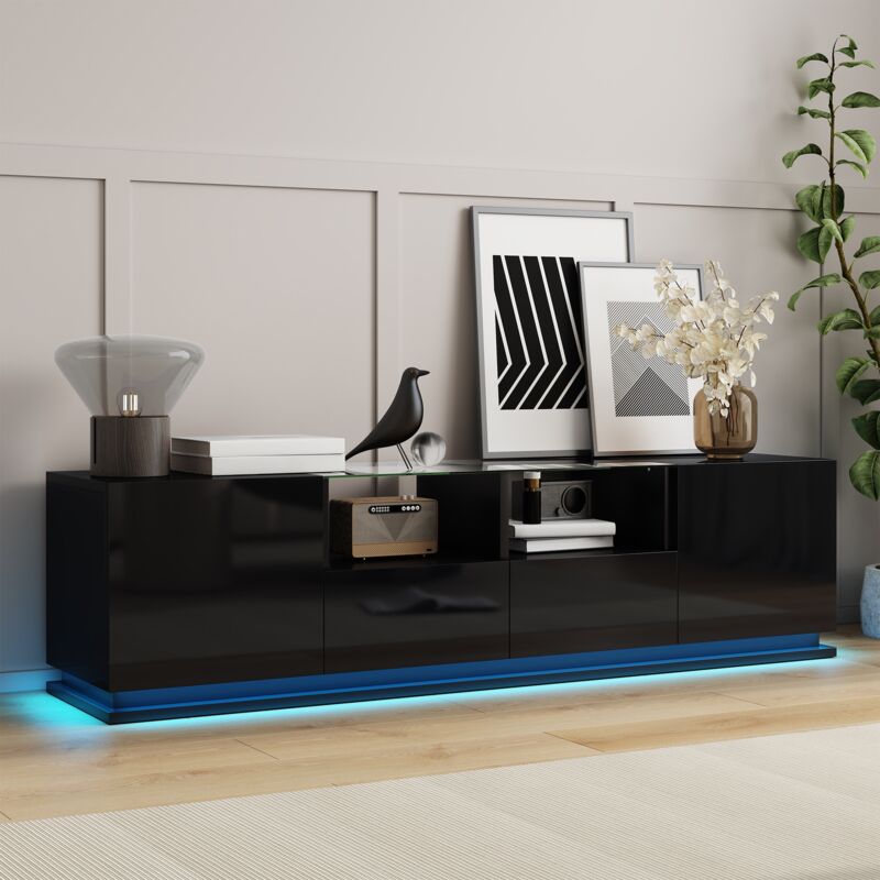 Dans Les Nuages - Meuble tv 165 cm, rectangulaire, avec led, 2 portes, 2 tiroirs de rangement, étagères en verre, brillante, scandinave, meuble salon