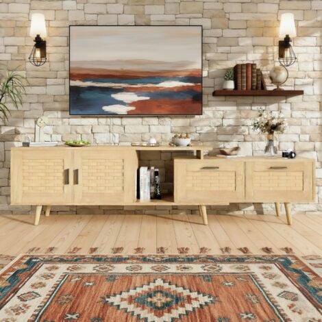 EIFSON Meuble TV 169 cm - meuble tv cannage - avec 2 tiroirs et 2 portes en bambou - design ajustable - idéal pour salon et chambre - Naturelle