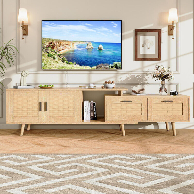 Sureh – Meuble TV extensible en rotin tressé 169 x 30 x 44 cm – Longueur réglable pour téléviseurs jusqu'à 75 pouces – Grand espace de rangement en