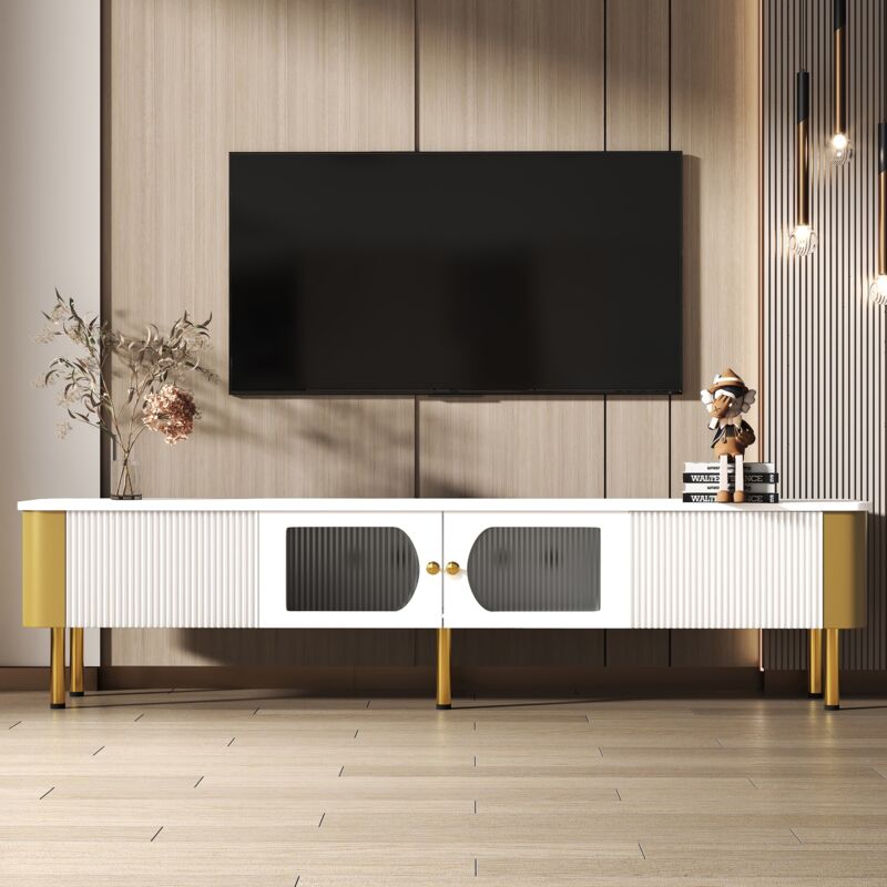 Dans Les Nuages - Meuble tv 170 cm, avec 2 portes en verre, 2 tiroir de rangement, poignées dorées, pieds en métal, rectangulaire, meuble salon en