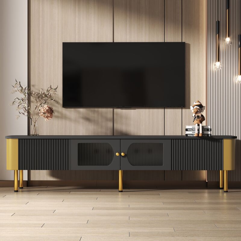 Dans Les Nuages - Meuble tv 170 cm, avec 2 portes en verre, 2 tiroir de rangement, poignées dorées, pieds en métal, rectangulaire, meuble salon en