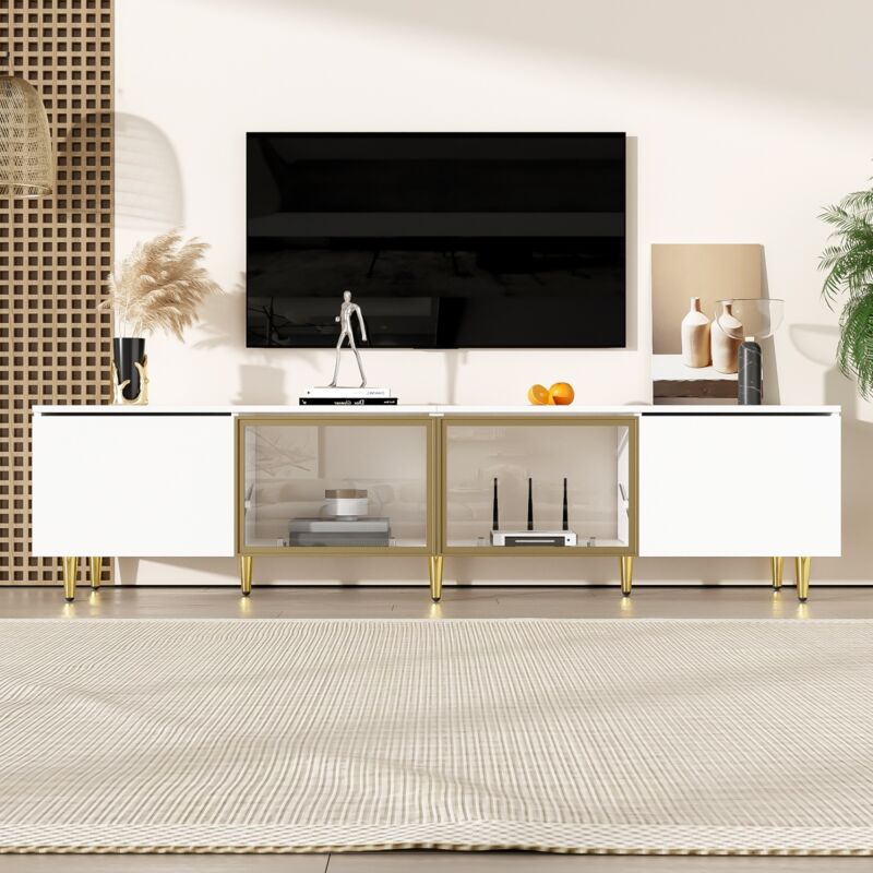 Meuble tv 170 cm, avec 4 portes vitrées, cadre et pieds dorés, style minimaliste, meuble tele, pour salon et chambre - Blanc