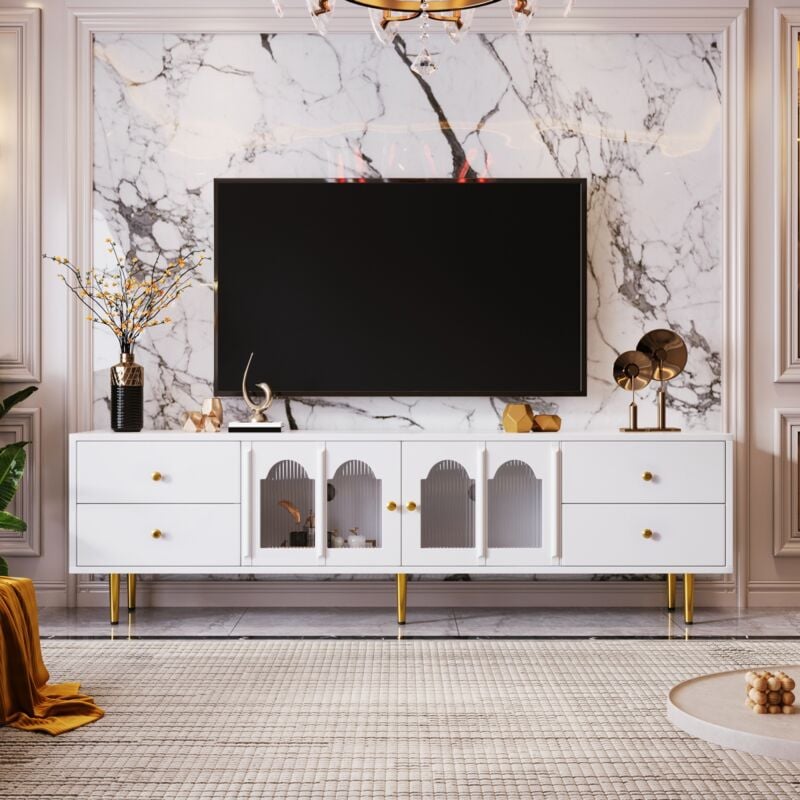 Eifson - Meuble tv 170 cm, avec deux portes vitrées cintrées, quatre grands tiroirs, poignées et pieds dorés, style scandinave, adapté au salon et à