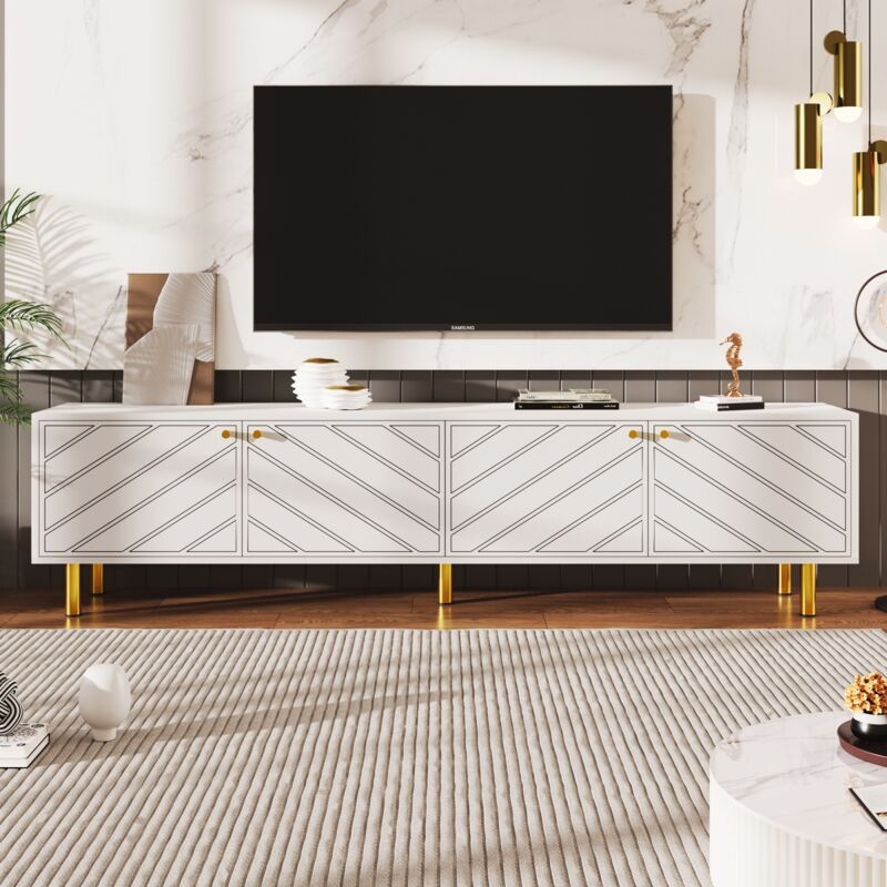 Meuble tv 170 cm, avec quatre portes, lignes biseautées uniques, poignées et pieds en métal doré, 170x38x50 cm, chambre pour salon - Blanc