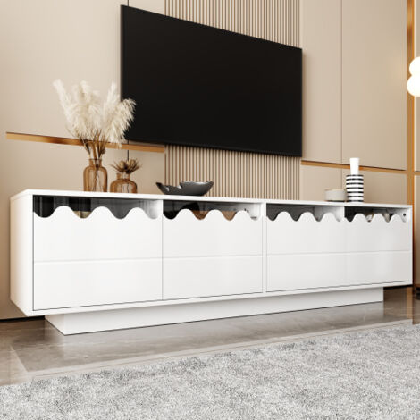 Meuble TV 170 cm blanc avec 4 portes et design ondulé, rangement élégant pour salon, 170x40x45 cm