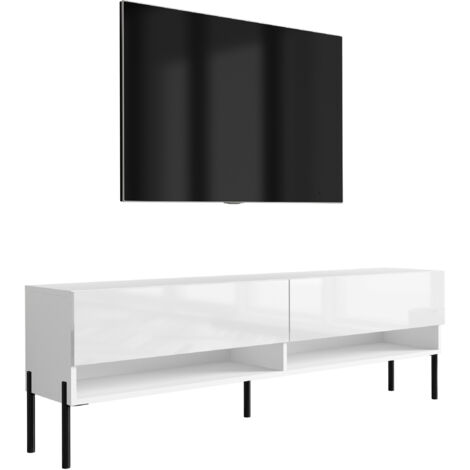 Meuble TV 170 cm Blanc Mat / Blanc Brillant, pieds droits noirs, 170 × 32 × 52 cm