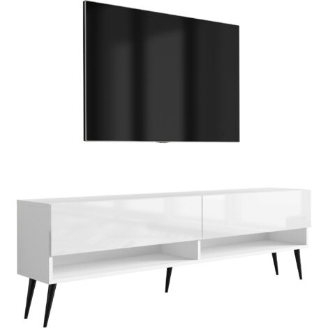 Meuble TV 170 cm Blanc Mat / Blanc Brillant, pieds obliques noirs, 170 × 32 × 52 cm