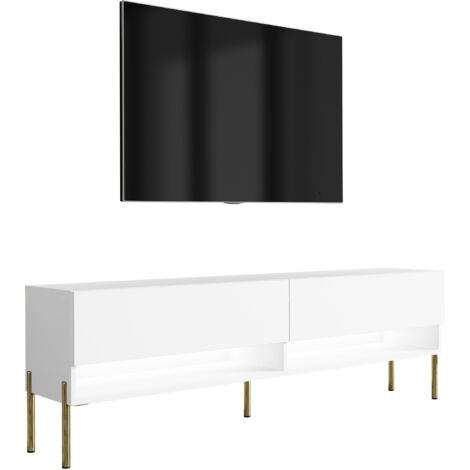 Meuble TV 170 cm Blanc Mat, pieds droits dorés, LED blanche, 170 × 32 × 52 cm