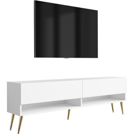 Meuble TV 170 cm Blanc Mat, pieds obliques dorés, 170 × 32 × 52 cm
