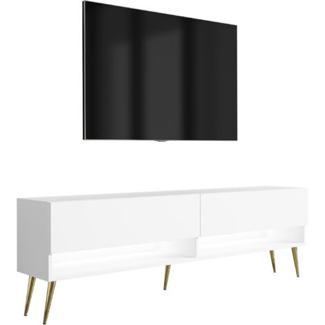 Meuble TV 170 cm Blanc Mat, pieds obliques dorés, LED blanche, 170 × 32 × 52 cm