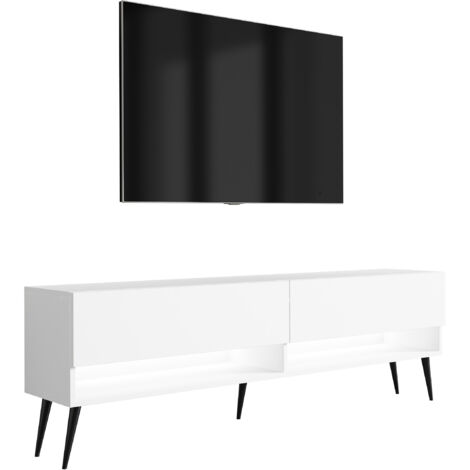 Meuble TV 170 cm Blanc Mat, pieds obliques noirs, LED blanche, 170 × 32 × 52 cm