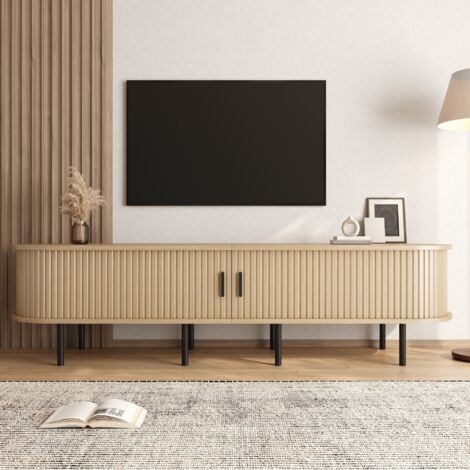 Meuble TV 170 cm en Bois avec Portes Coulissantes - Design Moderne, Coins Arrondis et Pieds Métal - 2 Niches Ouvertes - Natural