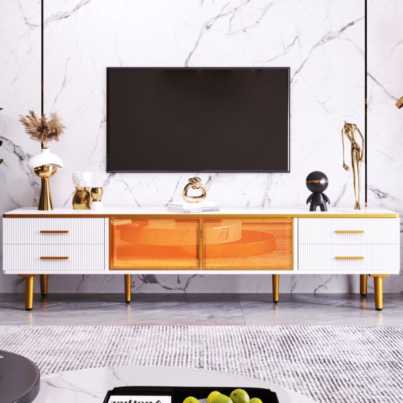 Eifson - Meuble tv 170 cm en marbre blanc, avec éclairage led, avec 4 tiroirs et 2 portes en verre trempé marron, 4 poignées dorées, adapté pour