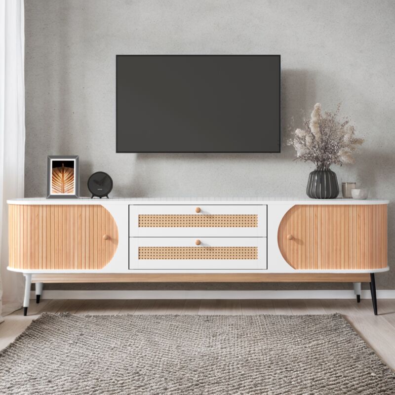 Tanant - Meuble tv 170 cm, meuble tv décor rotin, avec 2 tiroirs et 2 portes, 4 pieds en bois, grand espace de rangement, style Scandinave, Blanc