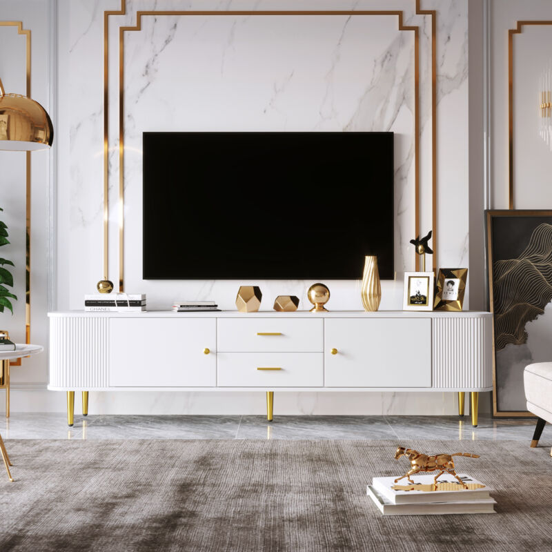 Meuble TV 170 cm Moderne avec tiroirs et côtés ondulés Bords incurvés, Meuble tv bas avec poignées et Pieds dorés - Blanc