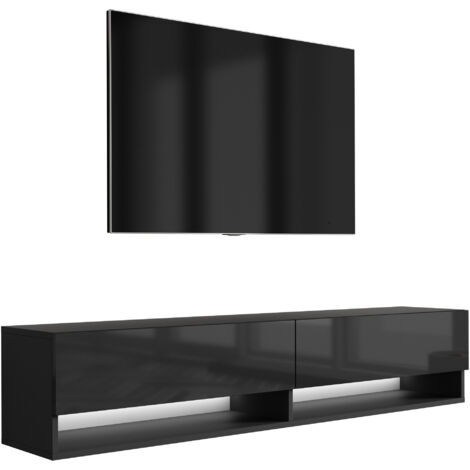 Meuble TV 170 cm Noir Mat / Noir Brillant, LED blanche, 170 × 32 × 34 cm