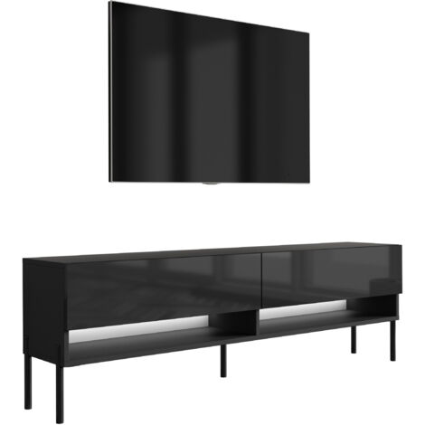Meuble TV 170 cm Noir Mat / Noir Brillant, pieds droits noirs, LED blanche, 170 × 32 × 52 cm