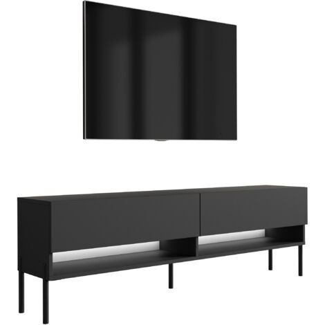 Meuble TV 170 cm Noir Mat, pieds droits noirs, LED blanche, 170 × 32 × 52 cm