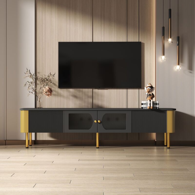 Eifson - Meuble tv 170 cm, porte en verre texturé, deux grands tiroirs, poignées et pieds dorés, bords incurvés, adapté au salon et à la chambre