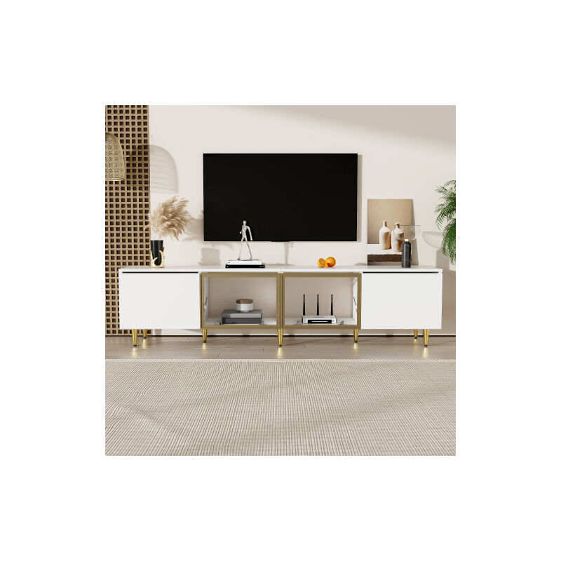 Meuble TV 170 cm – style blanc minimaliste, support et support mural, 4 portes (2 portes vitrées), installation polyvalente, idéal pour le salon