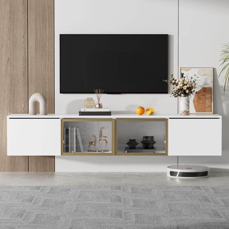 Dans Les Nuages - Meuble tv 170 cm, suspendu, avec 4 portes de rangement, verre, pieds dorés, moderne, Meuble de salon en bois - Blanc