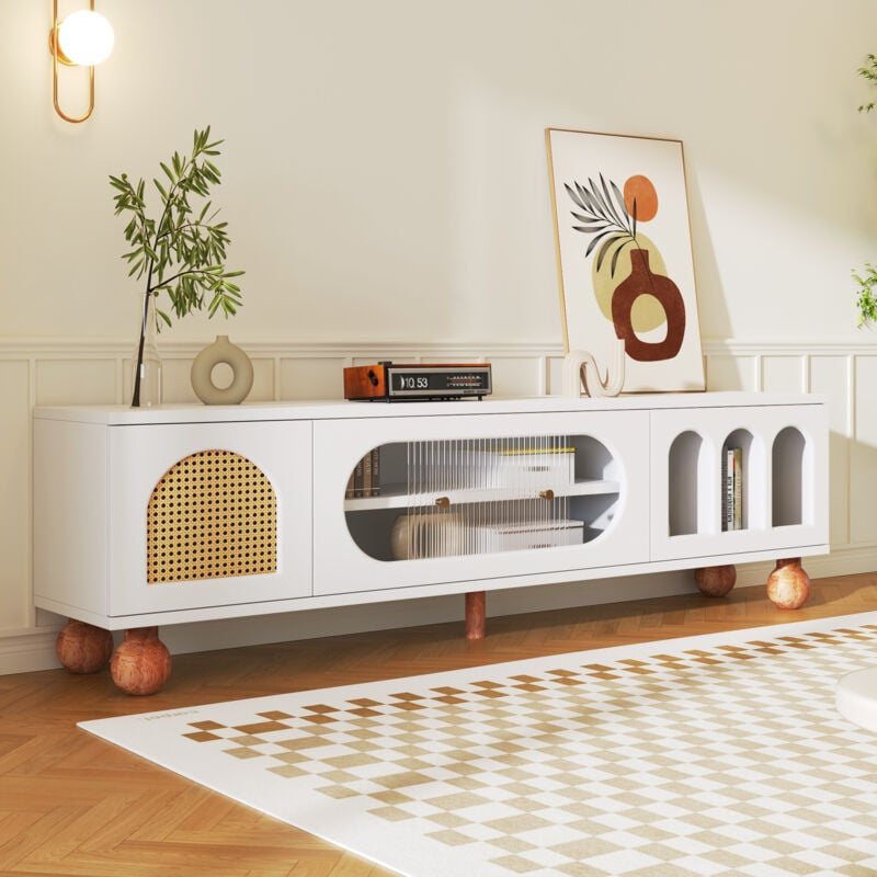 Modernluxe - Meuble tv 170cm - 2 portes - 3 zones arquées ouvertes - Blanc