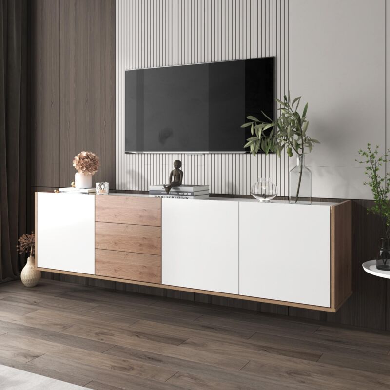 Meuble tv 170cm, avec 3 tiroirs, 3 portes, étagères ajustables, Meuble tv suspendu, style campagnard - Blanc - Blanc