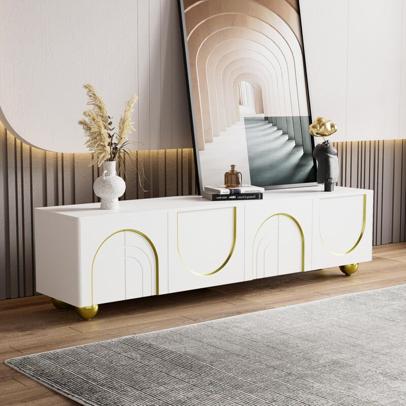 Dans Les Nuages - Meuble tv 170 cm, avec 4 portes décoration en arc, étagère de rangement, Pieds runds en métal Doré, Meuble de salon en bois - Blanc