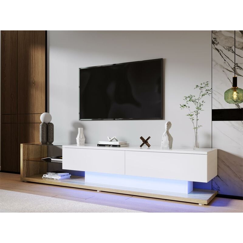 Modernluxe - Meuble tv 170cm avec led et cloison vitrée - 2 tiroirs - Blanc & Naturel