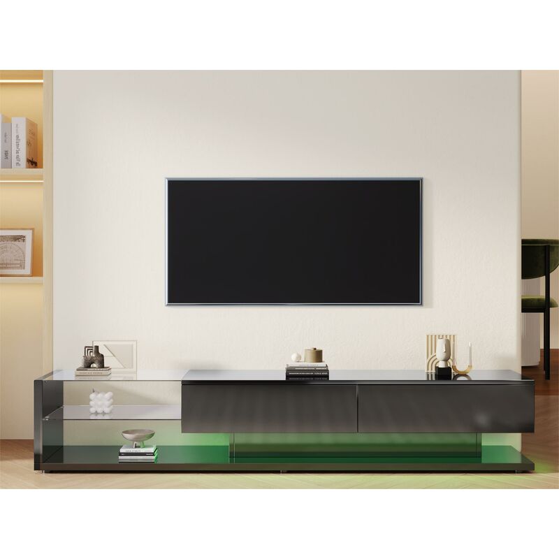 Meuble tv 170cm avec led et cloison vitrée - 2 tiroirs - Noir