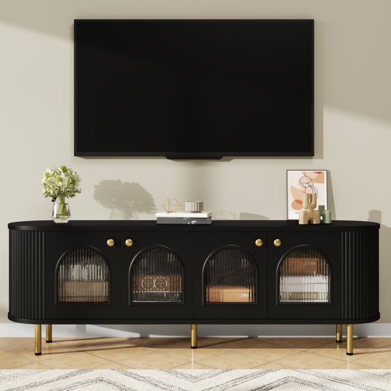 Meuble tv 170cm avec portes vitrées et poignées dorées, charnières de sécurité, meuble de salon, Moderne, Noir