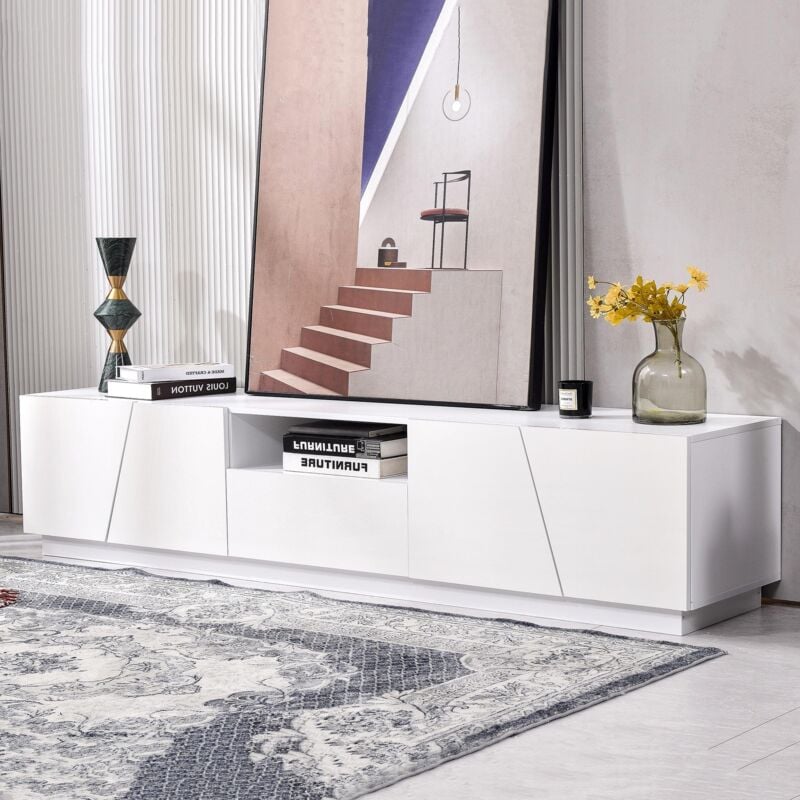 Meuble tv 170cm, avec tiroir, 4 portes, compartiment ouvert, style scandinave, Commode tv - Blanc - Blanc