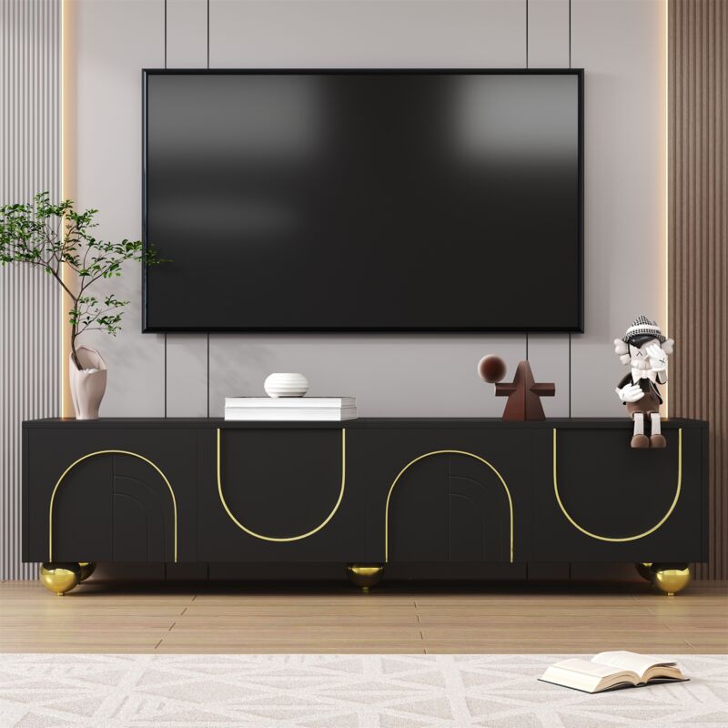 Meuble TV 170cm, meuble TV avec compartiment de rangement, avec 2 portes, décoration texturée dorée, coins arrondis, charnières à fermeture amortie,