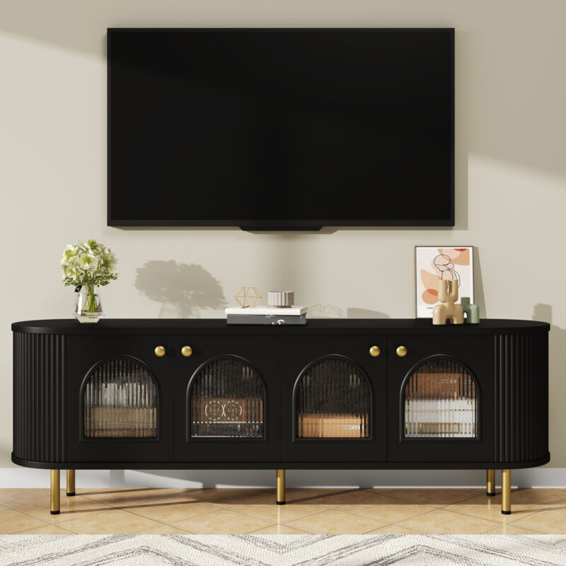 Neche - Meuble tv 170cm Style minimaliste scandinave avec 4 portes vitrées,Meubles de rangement pour salon,poignées et pieds dorés,Noir