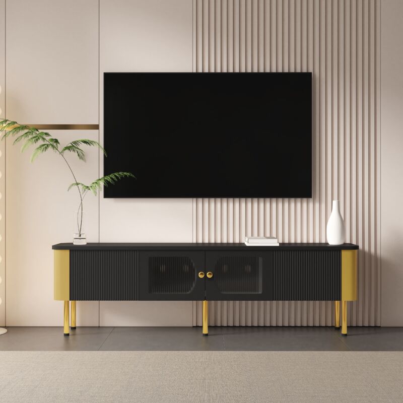 Meuble tv 170x34x50cm avec tiroirs, 2 portes, poignées et pieds dorés, rangements pour salon, noir