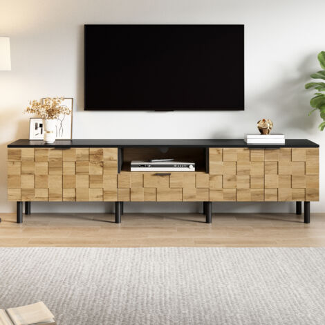 Meuble TV 170x35x44,5 cm 2 portes 1 tiroir niche ouverte passe-câbles pieds métal panneau bois naturel noir