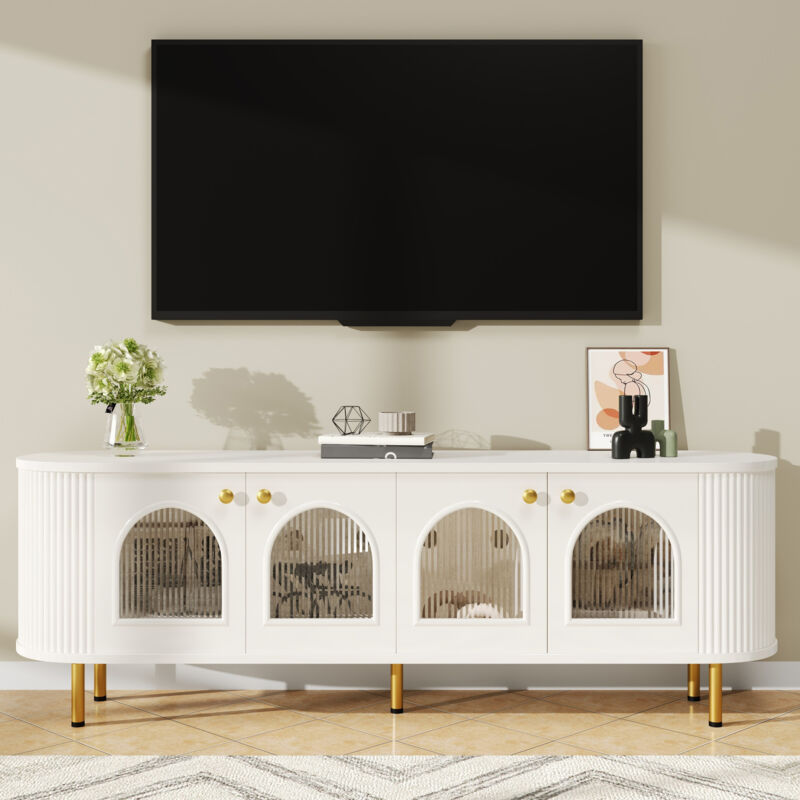 Meuble tv 170x35x55cm - meuble bois avec 4 portes vitrées - poignées et pieds dorés - pour le salon - blanc