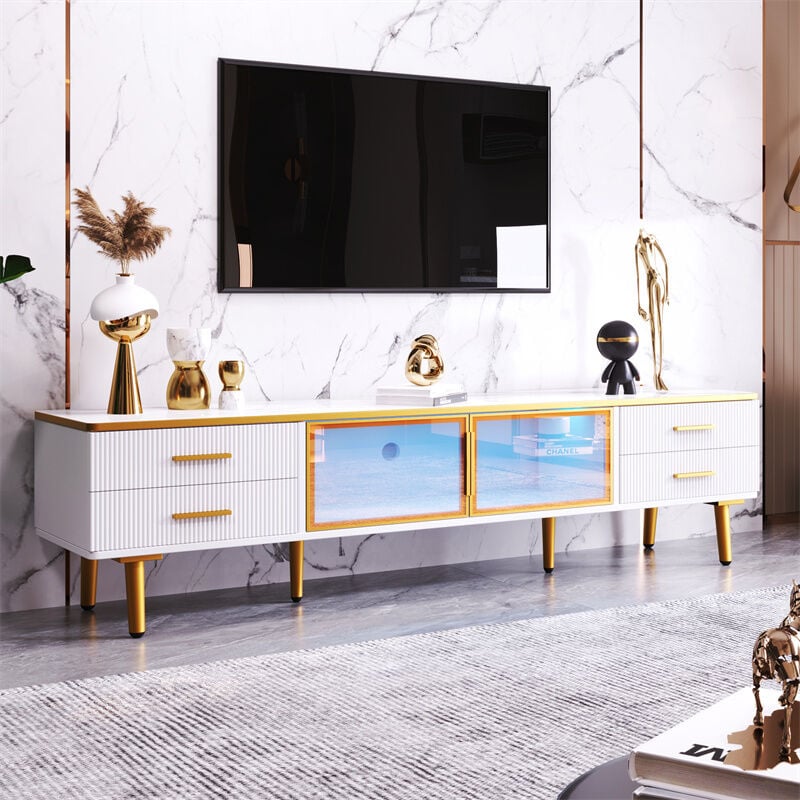 Meuble TV 170x37x47, 5cm, aspect marbre, avec 4 tiroirs structurés avec poignées dorées et 2 portes en verre trempé marron, Blanc + Doré