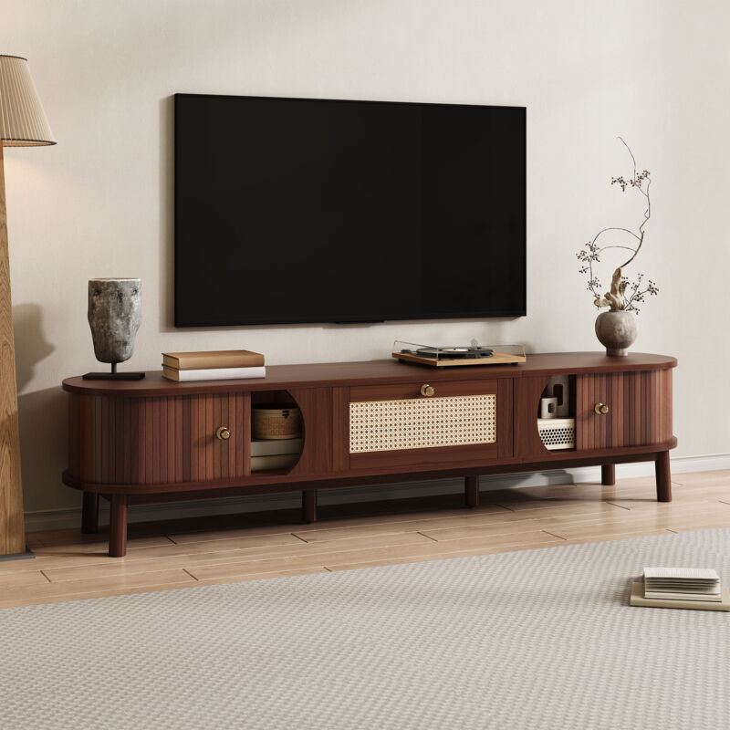 Hauss Spole - Meuble tv 170x38x39.5cm, Tiroir Rattan + 2 Portes, Avec espace de rangement, meuble tele bas de salon, marron