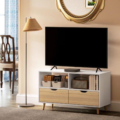 Meuble tv 170x38x44 cm,avec deux étagères et tiroirs,scandinave,Blanc